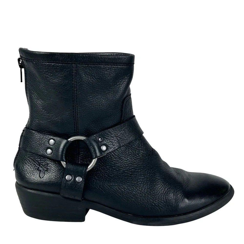Frye Phillip Harness Short Black Leather Ankle Boots Girls Youth 3 8008979/13E